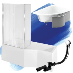 Baignoire asymétrique 150 x 75 Gauche INTEGRA acrylique blanc + Habillage en polystyrène + Écran + Pieds + Vidage à chromé