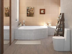 Baignoire asymétrique 150 x 90 Gauche SELENA acrylique blanc + Habillage en polystyrène + Pieds + Vidage à chromé