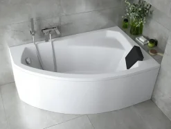 Baignoire asymétrique 130 x 85 Droite RIMA acrylique blanc + avec Tablier + Repose Tête + Pieds + Vidage à chromé