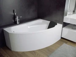 Baignoire asymétrique 130 x 85 Droite RIMA acrylique blanc + avec Tablier + Repose Tête + Pieds + Vidage à chromé