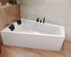 Baignoire asymétrique 150 x 85 Gauche INTIMA acrylique blanc, sans Habillage + Repose Tête + Pieds + Vidage à chromé