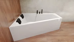 Baignoire asymétrique 150 x 85 Gauche INTIMA acrylique blanc, sans Habillage + Repose Tête + Pieds + Vidage à chromé