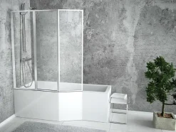 Baignoire asymétrique 170 x 75 Gauche INTEGRA acrylique blanc + avec Tablier + Écran + Pieds + Vidage à chromé