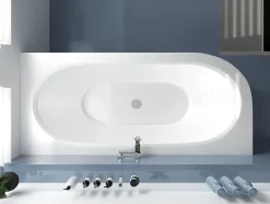 Baignoire asymétrique 170 x 75 Droite AVITA acrylique blanc + avec Tablier + Pieds + Vidage à chromé