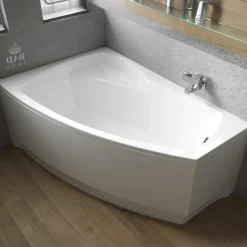 Baignoire asymétrique 140 x 90 Gauche FRIDA acrylique blanc + avec Tablier + Pieds + Vidage à chromé