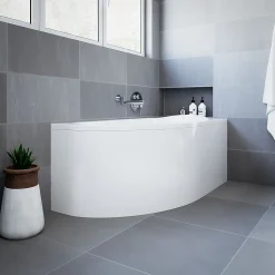 Baignoire asymétrique 140 x 70 Droite MIKI acrylique blanc + avec Tablier + Pieds + Vidage à chromé