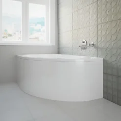 Baignoire asymétrique 160 x 105 Gauche MEGA acrylique blanc + avec Tablier + Pieds + Vidage à chromé