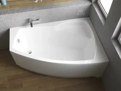Baignoire asymétrique 140 x 90 Droite FRIDA acrylique blanc + avec Tablier + Pieds + Vidage à chromé
