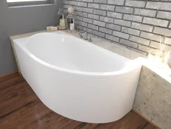 Baignoire asymétrique 145 x 85 Gauche MIKI acrylique blanc + avec Tablier + Pieds + Vidage à chromé
