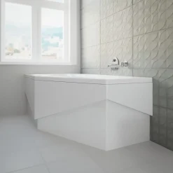 Baignoire asymétrique 140 x 80 Gauche MARIKA acrylique blanc + avec Tablier + Pieds + Vidage à chromé