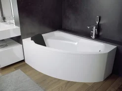 Baignoire asymétrique 170 x 110 Gauche RIMA acrylique blanc + avec Tablier + Repose Tête + Pieds + Vidage à chromé