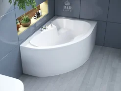 Baignoire asymétrique 160 x 105 Droite MEGA acrylique blanc + avec Tablier + Pieds + Vidage à chromé