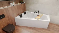 Baignoire asymétrique 160 x 90 Gauche INTIMA acrylique blanc, sans Habillage + Étagère bambou + Pieds + Vidage à chromé