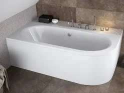 Baignoire asymétrique 180 x 80 Gauche AVITA acrylique blanc + avec Tablier + Pieds + Vidage à chromé
