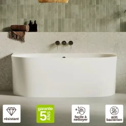 Baignoire asymétrique 158 x 86 x 58 cm Blanc Mat en minéral composite - Mod. FROSK avec Trop Plein