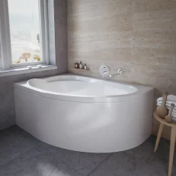 Baignoire asymétrique 130 x 85 Gauche STANDARD acrylique blanc + avec Tablier + Pieds + Vidage à chromé