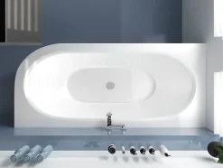 Baignoire asymétrique 160 x 75 Gauche AVITA acrylique blanc + avec Tablier + Pieds + Vidage à chromé