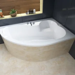 Baignoire asymétrique 160 x 105 Droite MEGA acrylique blanc + Habillage en polystyrène + Pieds + Vidage à chromé