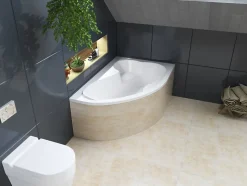 Baignoire asymétrique 160 x 105 Droite MEGA acrylique blanc + Habillage en polystyrène + Pieds + Vidage à chromé