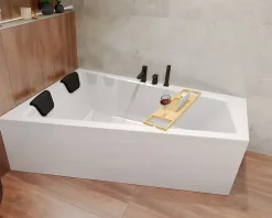 Baignoire asymétrique 150 x 85 Gauche INTIMA acrylique blanc, sans Habillage + Étagère bambou + Pieds + Vidage à chromé