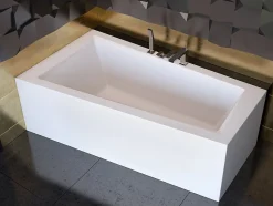 Baignoire asymétrique 150 x 85 Gauche INTIMA acrylique blanc, sans Habillage + Étagère bambou + Pieds + Vidage à chromé