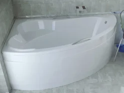 Baignoire asymétrique 140 x 90 Gauche ADA acrylique blanc + avec Tablier + Pieds + Vidage à chromé