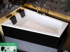 Baignoire Asymétrique avec Tablier Noir - 170 x 125 cm - GAUCHE - INTIMA DUO - 2 REPOSE-TÊTES OFFERTS