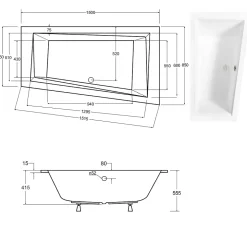Baignoire asymétrique blanche encastrée + repose tête - INTIMA SLIM - 150 x 85 cm - droite