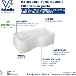 Baignoire asymétrique d'angle gauche Folk 180 x 90 cm sans tablier Valentin