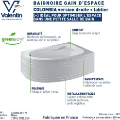 Baignoire asymétrique d'angle droit Colombia 150 x 100 cm Valentin + tablier