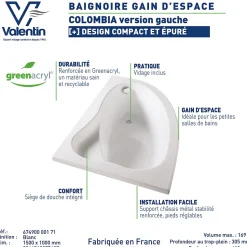 Baignoire asymétrique d'angle gauche Colombia 150 x 100 cm sans tablier Valentin