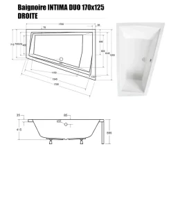 Baignoire Asymétrique sans Tablier - 170 x 125 cm - INTIMA DUO SANS TABLIER - DROITE - 2 REPOSE-TÊTES OFFERTS