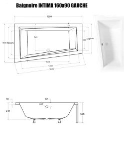 Baignoire Asymétrique sans Tablier - 160 x 90 cm - INTIMA SANS TABLIER - GAUCHE - avec Repose tête OFFERT