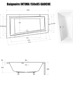 Baignoire Asymétrique sans Tablier - 150 x 85 cm - INTIMA SANS TABLIER - GAUCHE - avec Repose tête OFFERT
