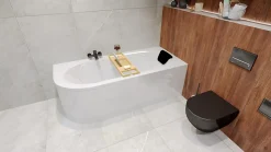 Baignoire asymétrique 150x75 Droite AVITA acrylique blanc, sans Habillage + Repose Tête + Étagère bambou + Pieds + Vidage à chromé