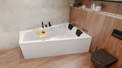 Baignoire asymétrique 180x125 Droite INTIMA acrylique blanc, sans Habillage + Repose Tête + Étagère bambou +Pieds +Vidage à chromé