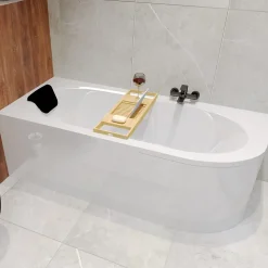 Baignoire asymétrique 170x75 Gauche AVITA acrylique blanc, sans Habillage + Repose Tête + Étagère bambou + Pieds + Vidage à chromé