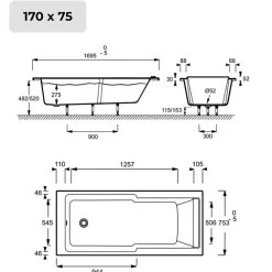 Baignoire bain douche JACOB DELAFON Struktura + pare bain + étagère 170 X 75