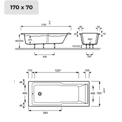 Baignoire bain douche JACOB DELAFON Struktura + pare bain + tablier + étagère 170 x 70