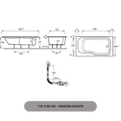 Baignoire bain douche JACOB DELAFON Malice, version droite Blanc brillant 170 x 90