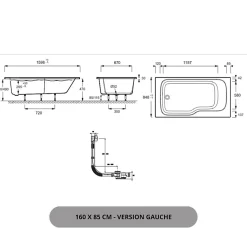 Baignoire bain douche JACOB DELAFON Malice antidérapante + tablier angle 160 x 85 gauche