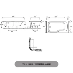 Baignoire bain douche JACOB DELAFON Malice, antidérapant, version Gauche Blanc mat 170x90cm