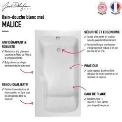 Baignoire bain douche JACOB DELAFON Malice, antidérapant, version Gauche 160x85cm, Blanc mat