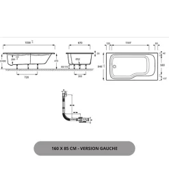 Baignoire bain douche JACOB DELAFON Malice, antidérapant, version Gauche 160x85cm, Blanc mat