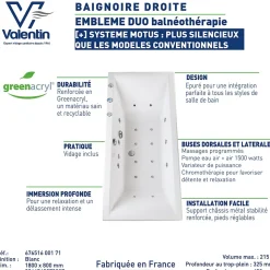 Baignoire balnéo Embleme duo 180 x 80 cm sans tablier Valentin