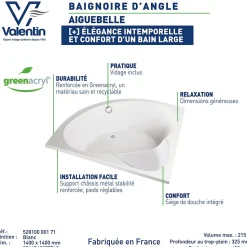 Baignoire d'angle 140 x 140 cm Aiguebelle sans tablier Valentin