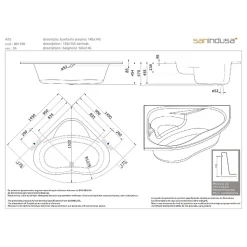 Baignoire d'angle acrylique haute densité SANINDUSA ALFA 145x145 blanche avec pieds réglables (tablier et mitigeur non inclus)
