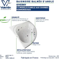 Baignoire d'angle balnéo 140 x 140 cm Giverny sans tablier Valentin