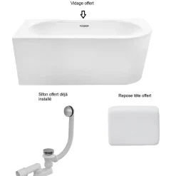Baignoire d'angle Blanc + Siphon Doré et Vidage inclus + Repose tête - AVITA S CLASSE - GAUCHE - 150 x 75 cm