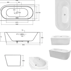 Baignoire d'angle Blanc + Siphon Doré et Vidage inclus + Repose tête - AVITA S CLASSE - GAUCHE - 170 x 75 cm